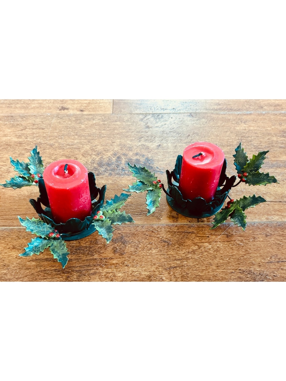 Vintage Pair of Christmas Candle Holders with Red Candles and Holly Leaf Design
